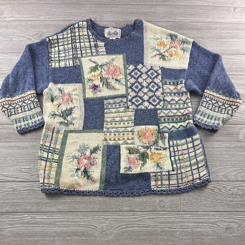 Jacque & Koko Together Floral Patchwork Sweater Blue Ramie Cotton Plus Size 18